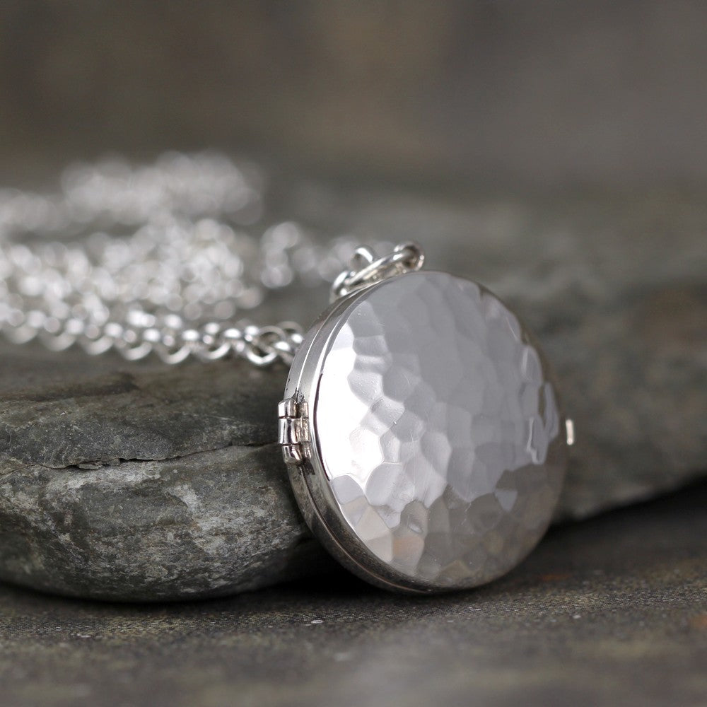 Round Sterling Silver Locket - Hinged Locket with Rustic Hammer Texture