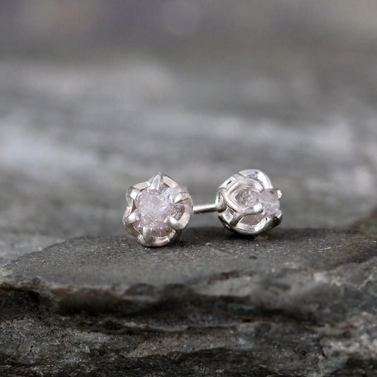 Rough Uncut Raw Diamond Earrings - 1 Carat Total Weight - Sterling Silver Basket Weave Stud Earring