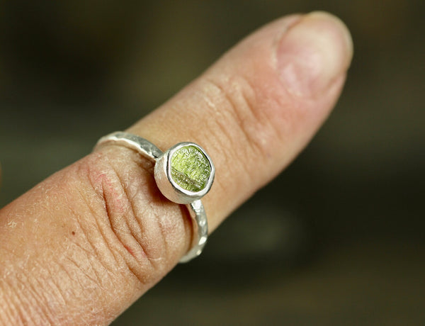 Round Bezel Set Uncut Peridot Stacking Ring - Rustic Sterling Silver - August Birthstone Ring
