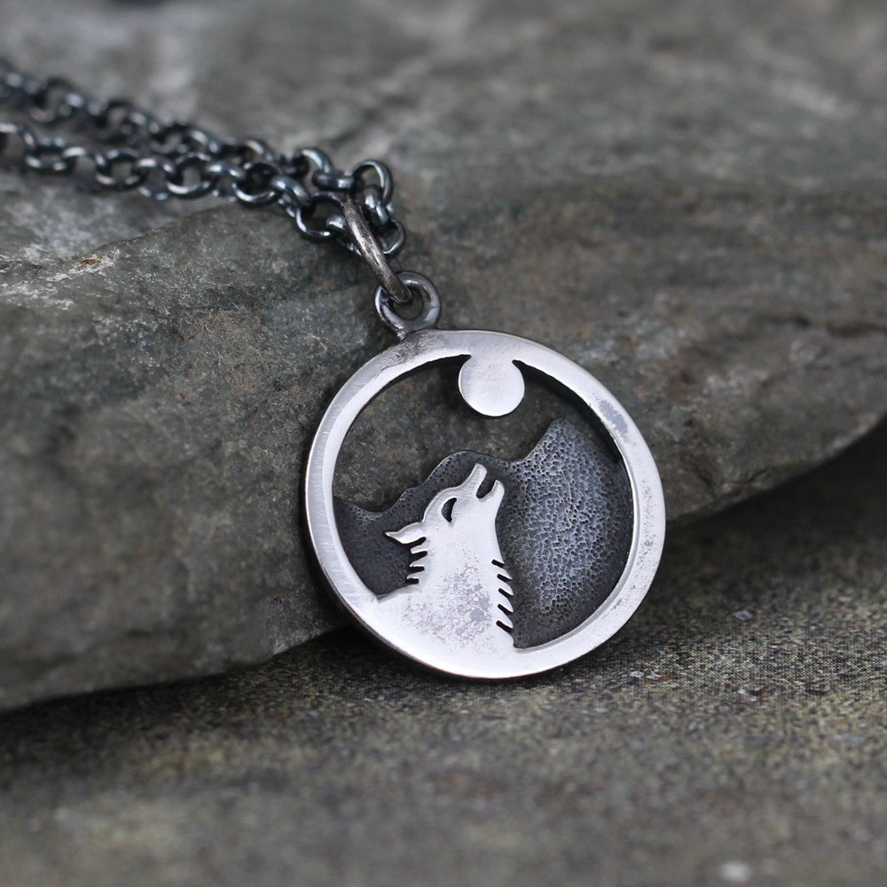 Wolf and Moon Sterling Silver Pendant - Nature Inspired Necklace