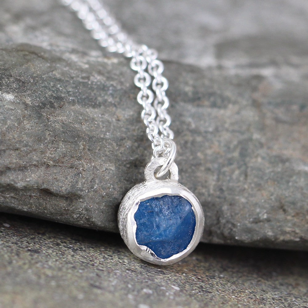 Neon Blue Apatite Necklace - Rustic Uncut Raw Blue Gemstone