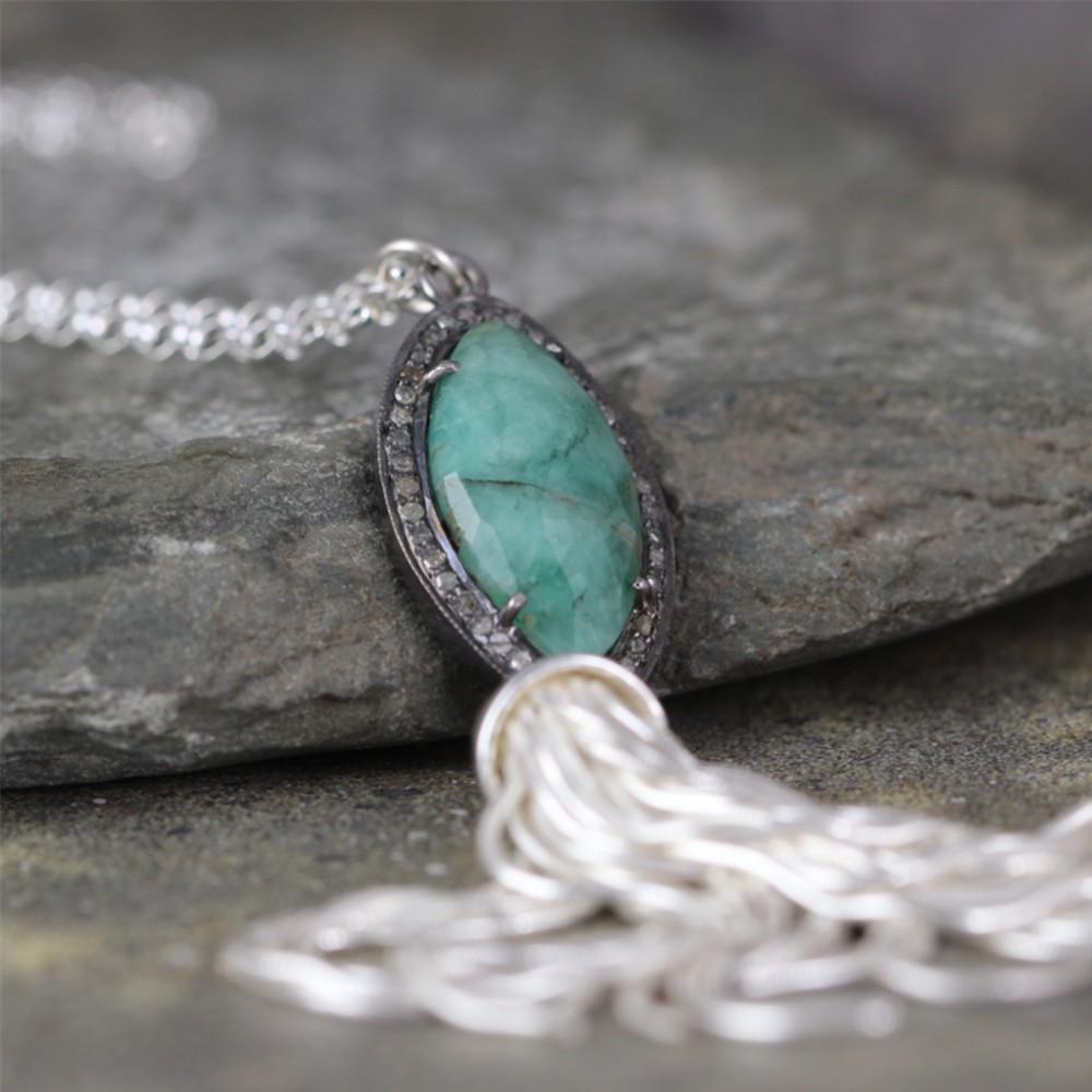 Raw Diamond & Emerald Tassel Necklace - Sterling Silver - Green Gemstone Pendant