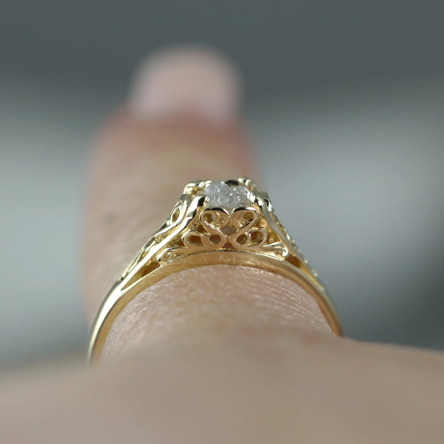 Antique Style 14K Yellow Gold and Raw Diamond Ring - Filigree Style Engagement Ring