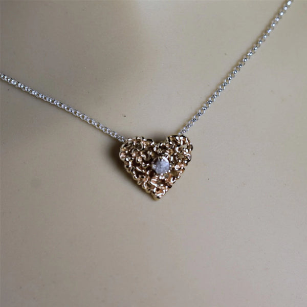 Raw Diamond Heart Pendant - 14K Yellow Gold & Sterling Silver