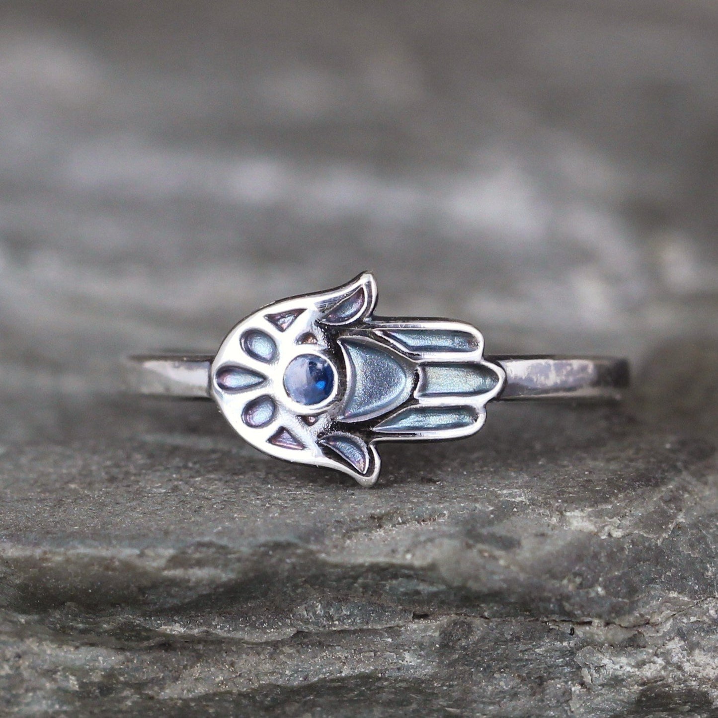 Hamsa Ring - Sterling Silver with Blue Enamel
