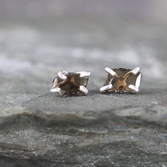 Chocolate Color Rustic Diamond Slice Earrings - Rough Diamond Stud Earring