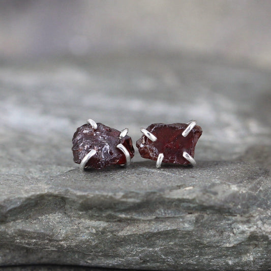 Garnet Earrings - Uncut Garnet Gemstone Earrings - Red Rustic Gemstone
