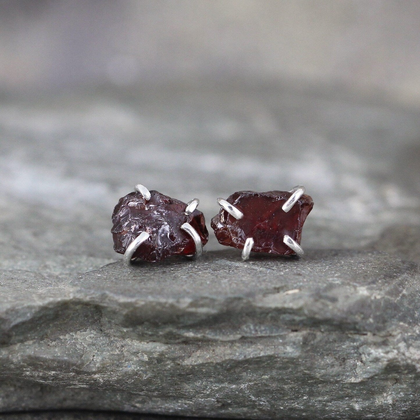 Garnet Earrings - Uncut Garnet Gemstone Earrings - Red Rustic Gemstone