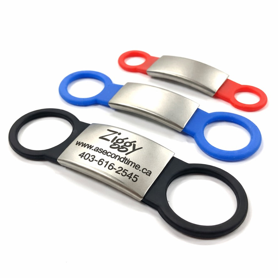 Stainless Steel & Silicone Over The Collar ID Tags - Slide-On Style -    No Jingle • No Dangle • A Safer ID Tag for Your Pet