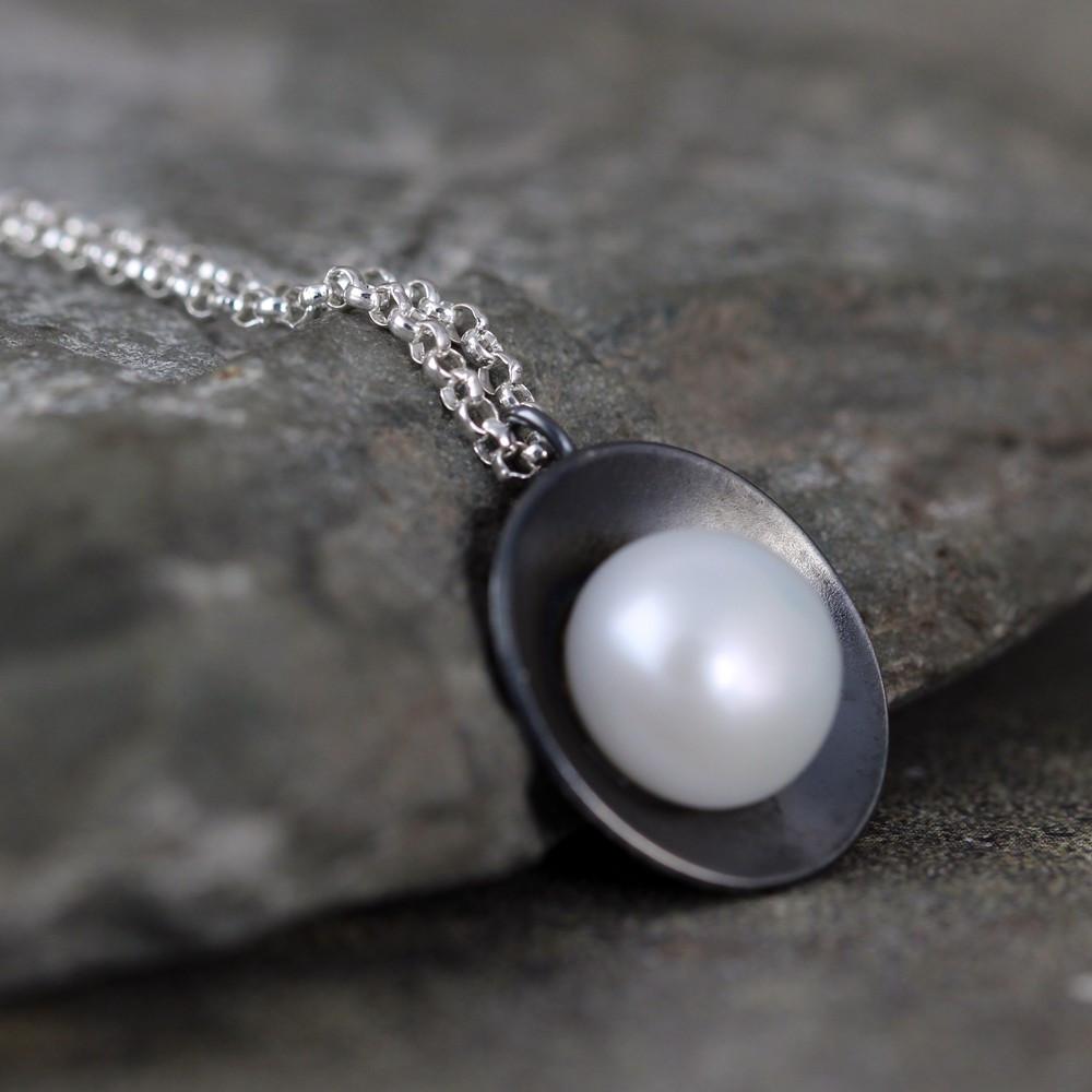 Pearl Pendant - Modern Design - White Fresh Water Pearl - Oxidized Sterling Silver