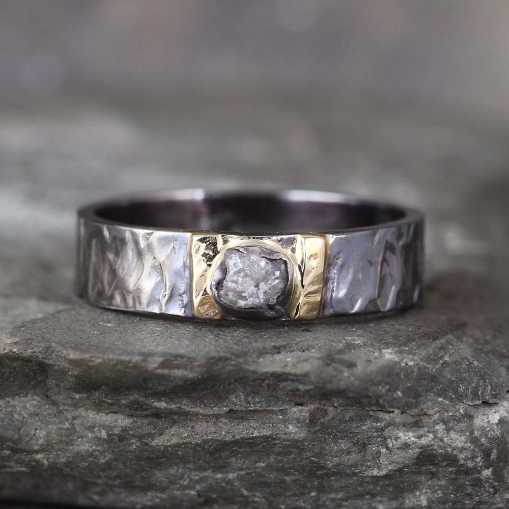 Raw Diamond Ring - Black Sterling Silver and 14K Yellow Gold 