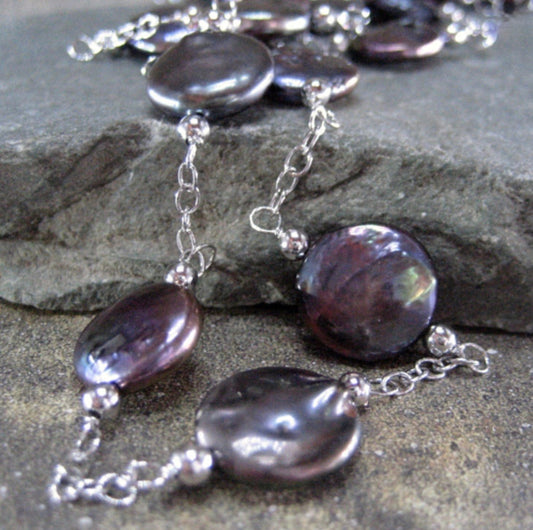 Black Freshwater Coin Pearl and Sterling Silver Necklace - 18"