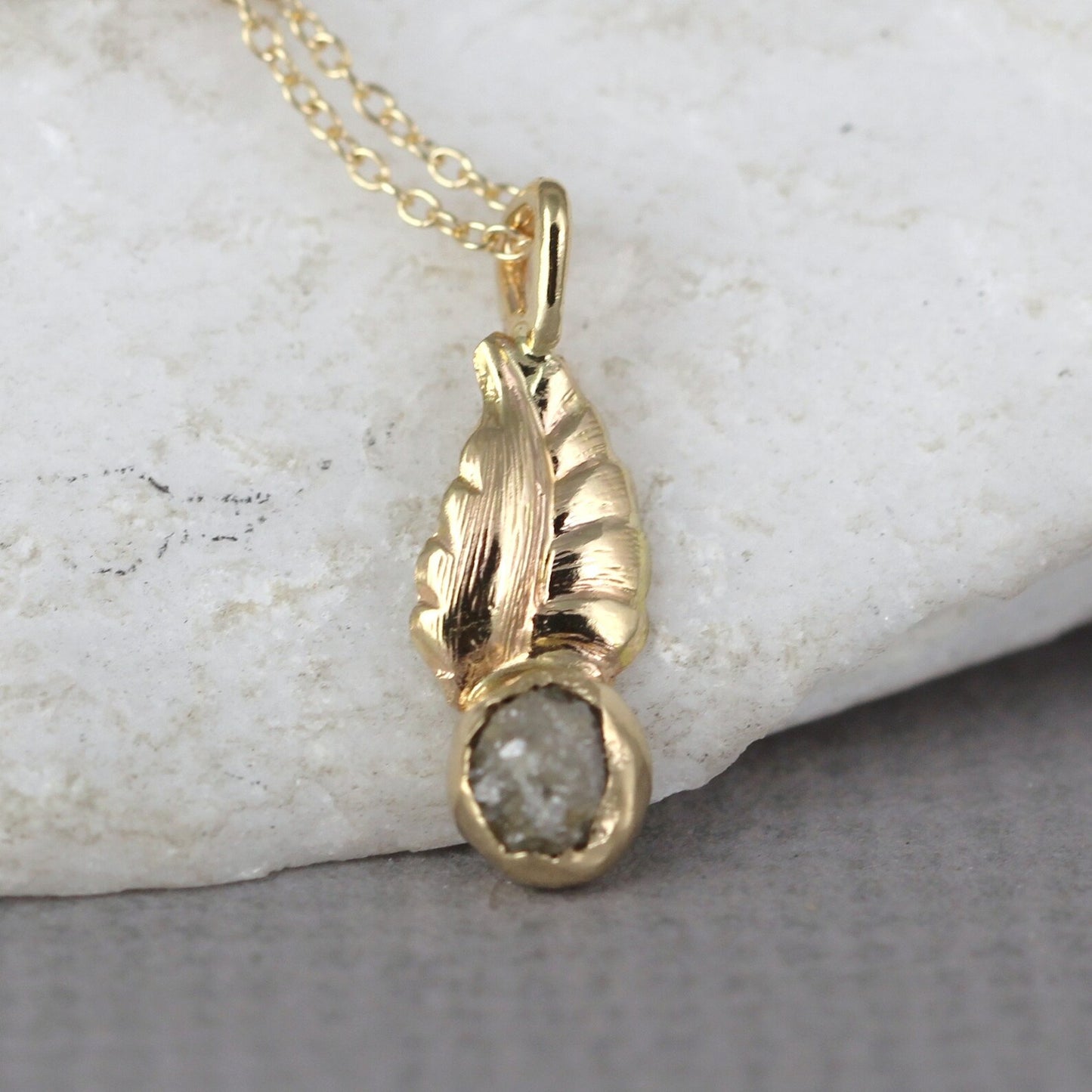 Leaf Design Raw Diamond Necklace - 14K Yellow Gold - Rough Diamond Pendant - Uncut, Conflict Free Diamond - April Birthstone