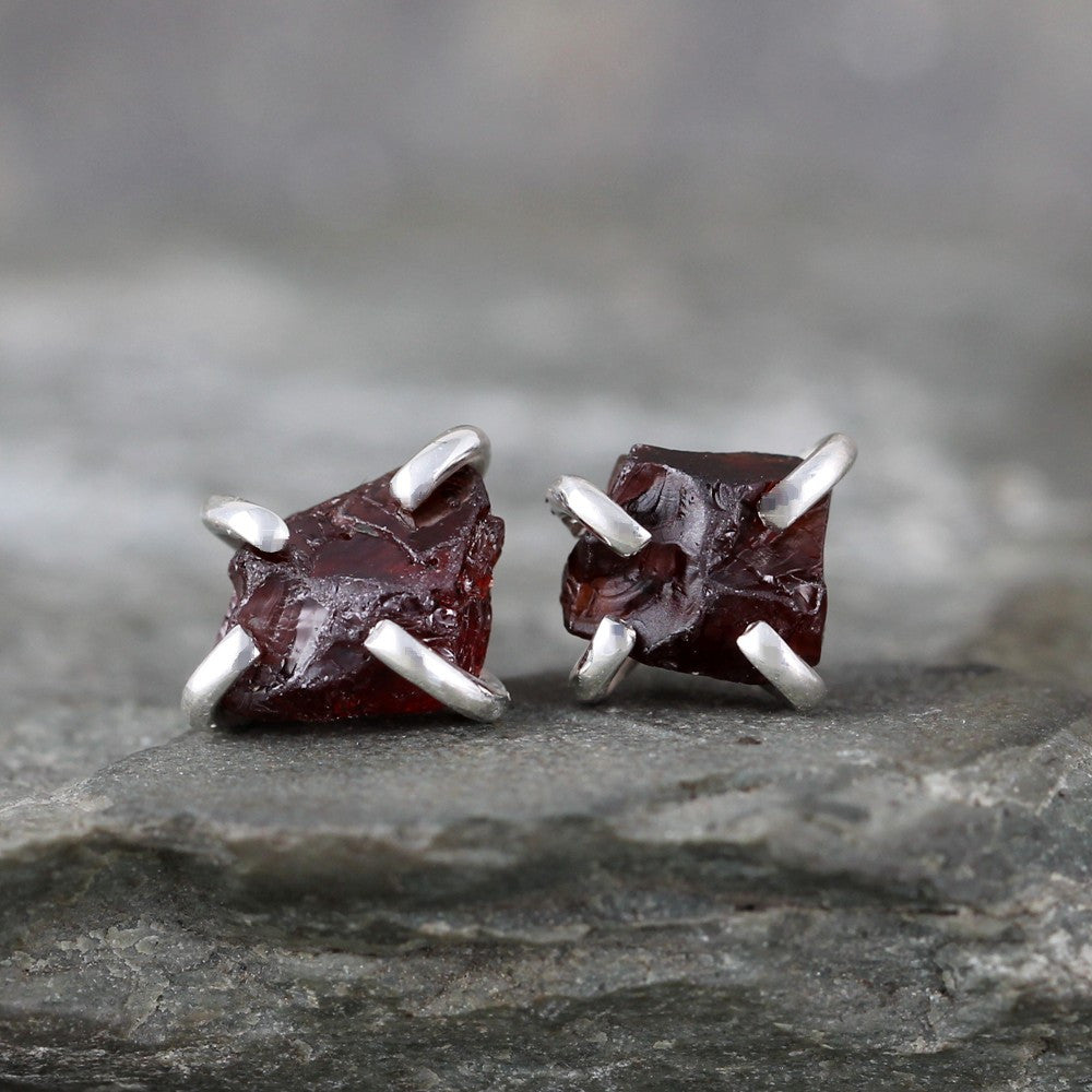 Garnet Earrings - Raw Uncut Rough Garnet Gemstone Earrings - Red Rustic Gemstone