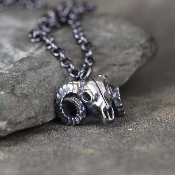 Ram Skull Pendant - Big Horn Sheep - Sterling Silver Necklace - Outdoor and Wilderness - Aries - Jewellery for Men