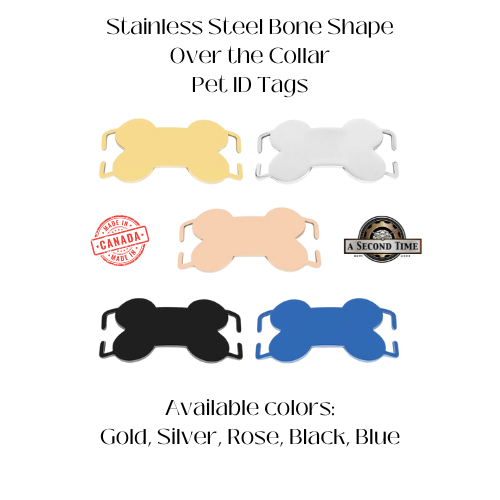 Stainless Steel Bone Shaped Over the Collar Pet ID Tag - 5 colors, laser engraved and personalized for you