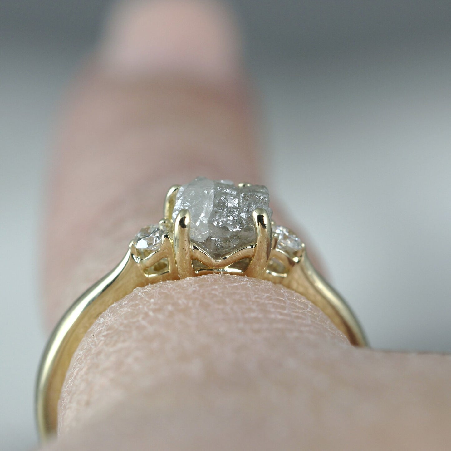 Raw Uncut Diamond Trio Ring - 3 Diamond Engagement Ring - 14K Yellow Gold