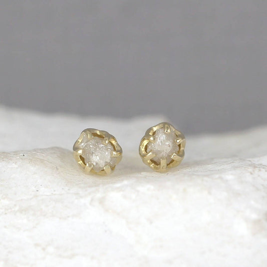 Yellow Gold Uncut Diamond Earrings - 14K Yellow Gold Stud Earring