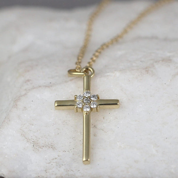 14K Gold Cross Pendant with Diamonds - Yellow Gold - Religious Necklace