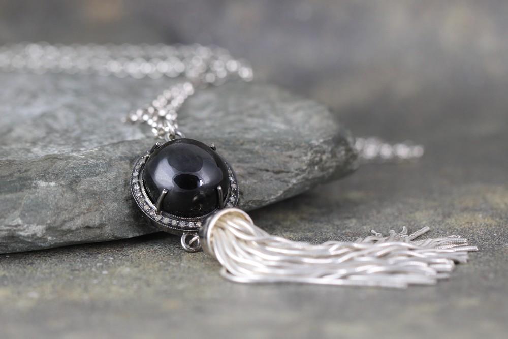 Black Sapphire and Raw Diamond Tassel Necklace - Sterling Silver - Boho Style