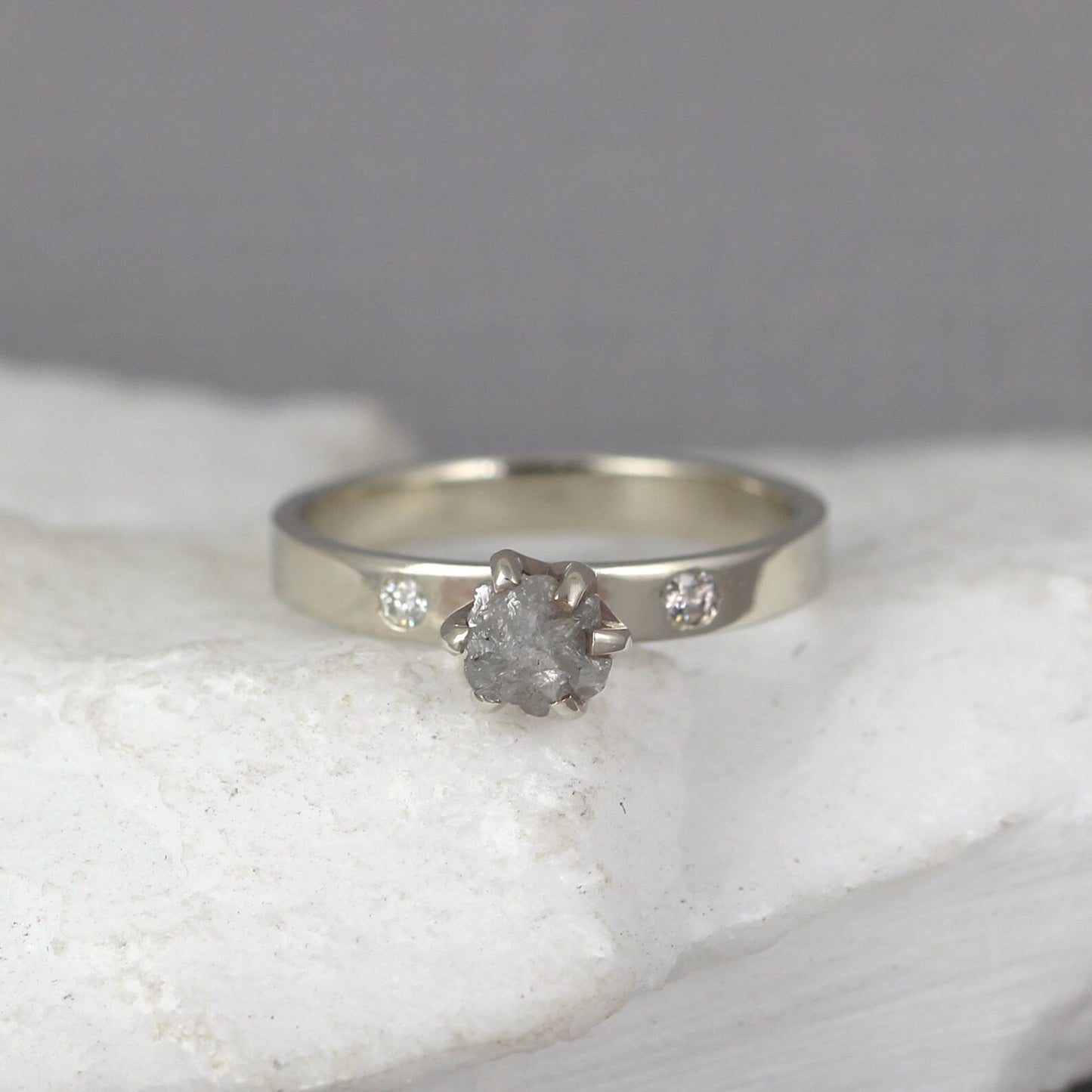 Raw Diamond Engagement Ring - Rough Diamond Accented Engagement Ring - Trio Diamond Ring - 14K White Gold