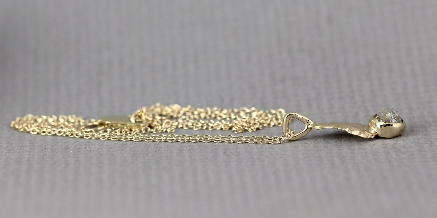 Leaf Design Raw Diamond Necklace - 14K Yellow Gold - Rough Diamond Pendant - Uncut, Conflict Free Diamond - April Birthstone