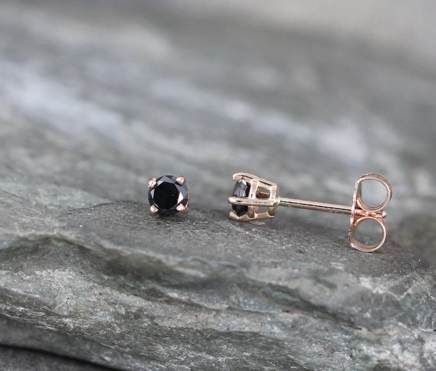 Natural Black Diamond Stud Earrings 14K Rose Gold