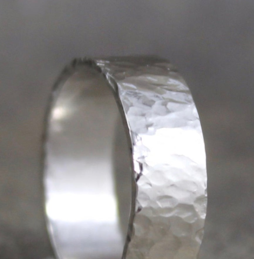 Hammered 6mm 14K White Gold Wedding Band – Men’s or Ladies Wedding Rings