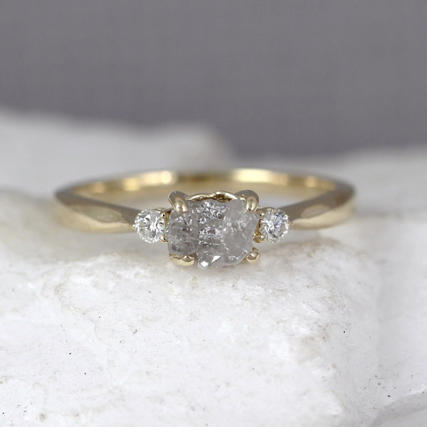 Raw Uncut Diamond Trio Ring - 3 Diamond Engagement Ring - 14K Yellow Gold