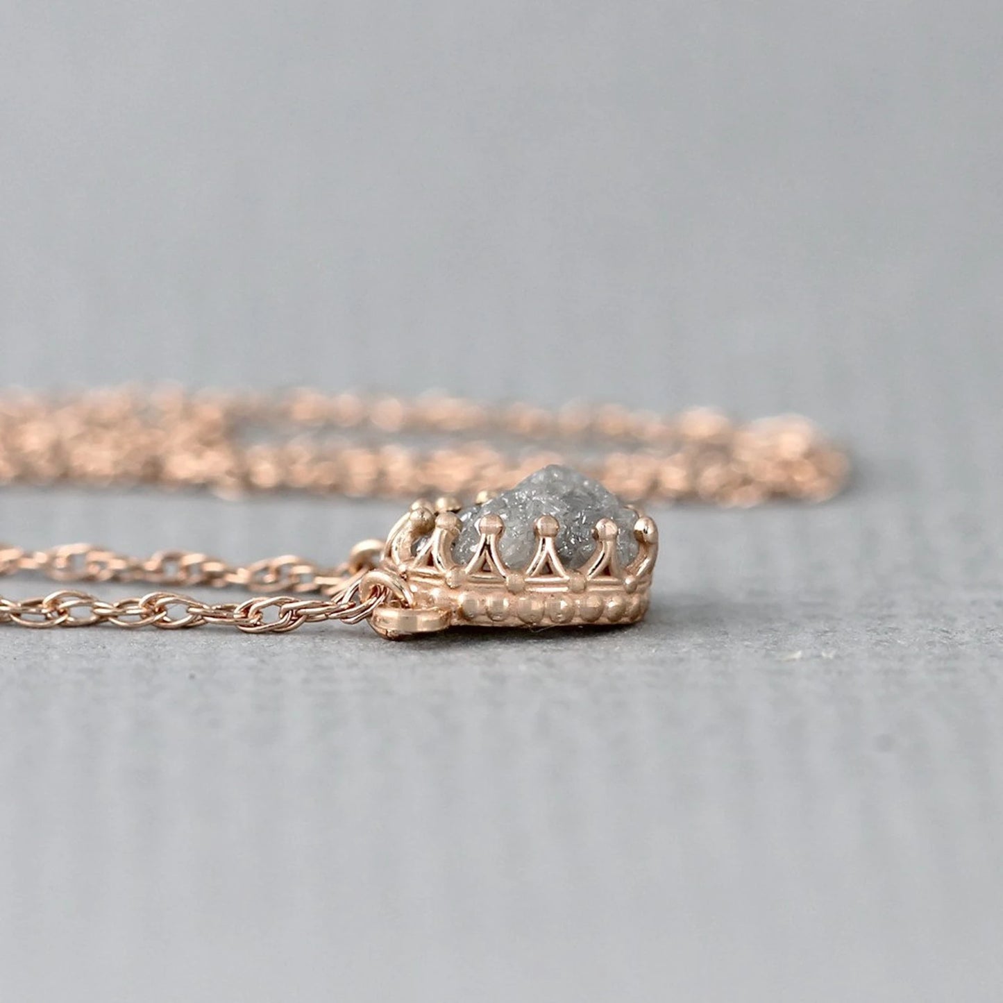 Raw Diamond Necklace - Crown Style Setting - 14K Rose Gold