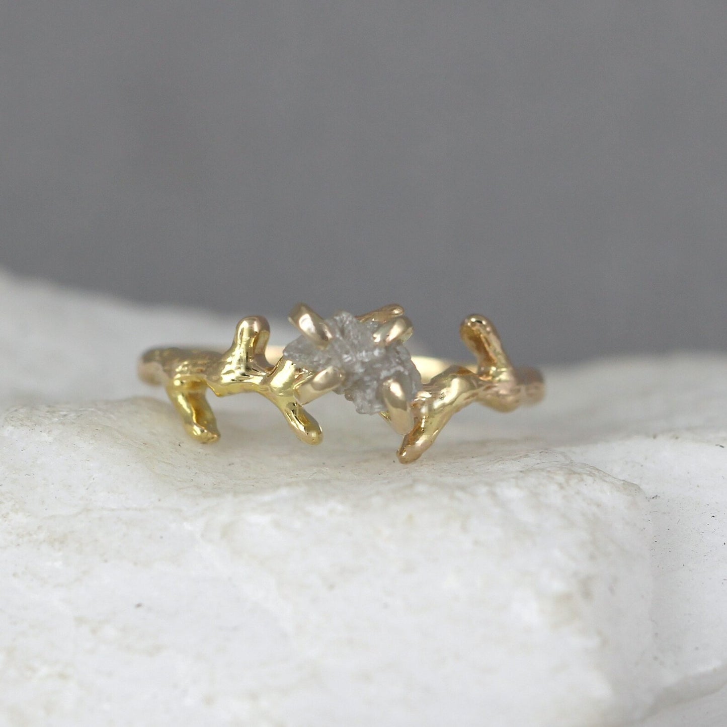 14K Yellow Gold Twig & Branch Design Raw Uncut Diamond Ring
