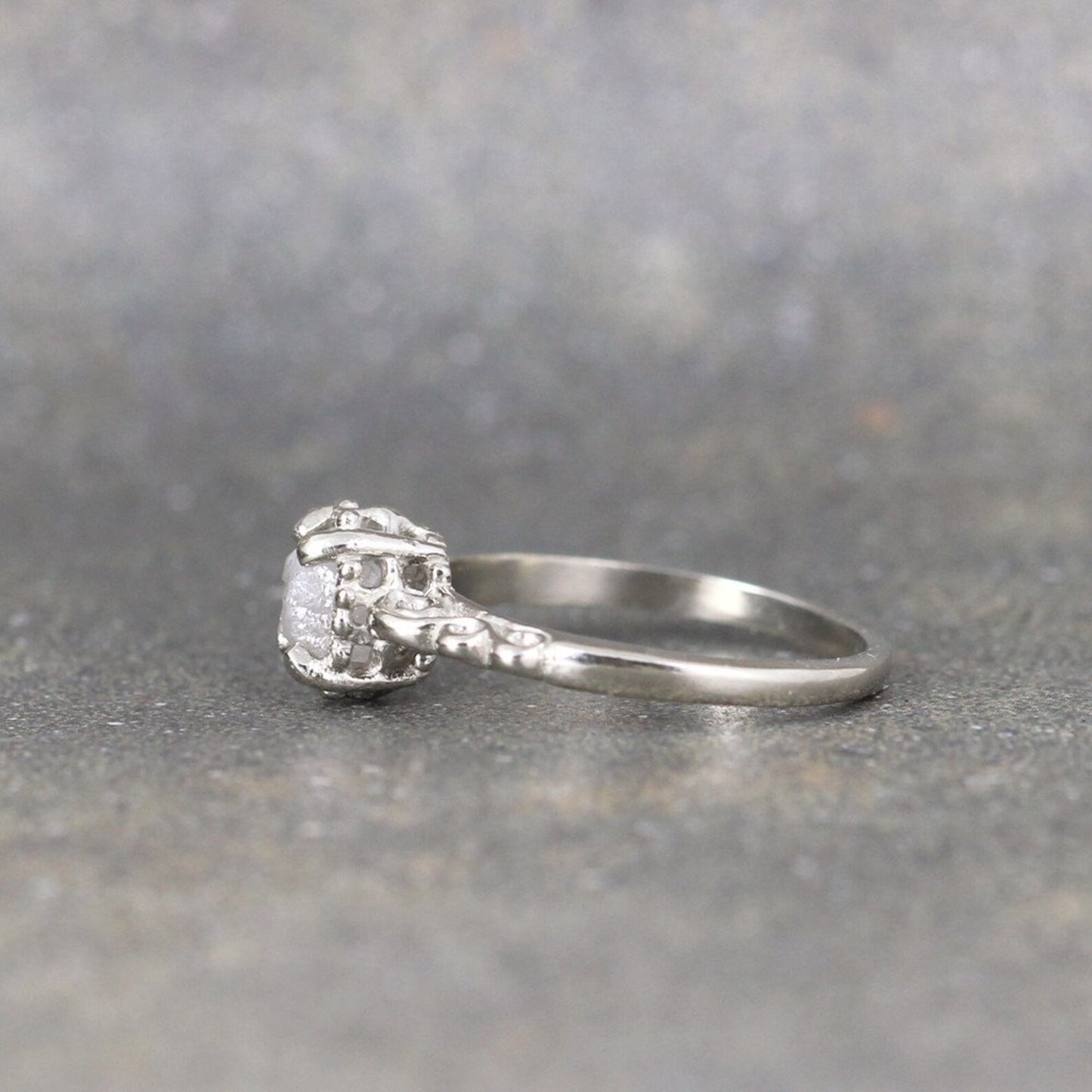 14K White Gold and Raw Diamond Ring - Filigree Style Engagement Ring