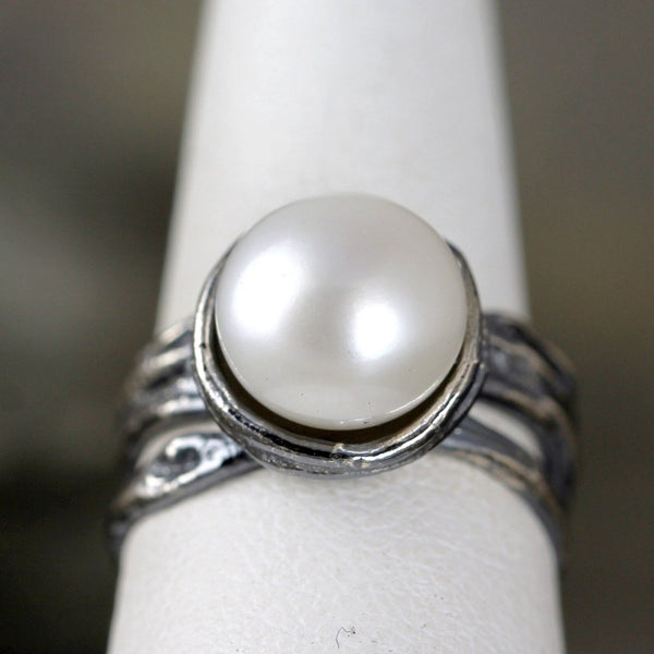 Fresh Water Pearl Ring - Sterling Silver - Textured Twig Band - June Birthstone Rings