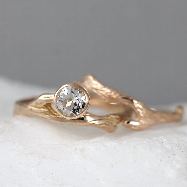 Branch Style Engagement Ring and Wedding Band Set - Twig Rings - White Topaz - 14K Rose Pink Gold