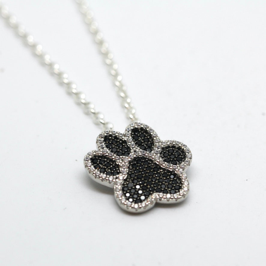 Black and White CZ Paw Print Pendant with Chain