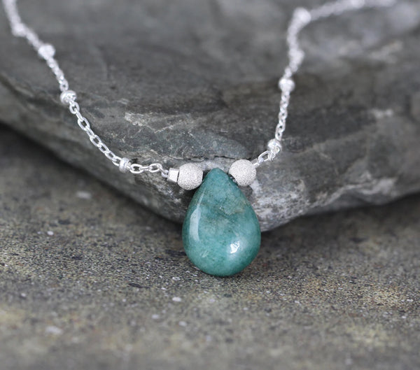 Emerald Teardrop Necklace - May Birthstone - Sterling Silver