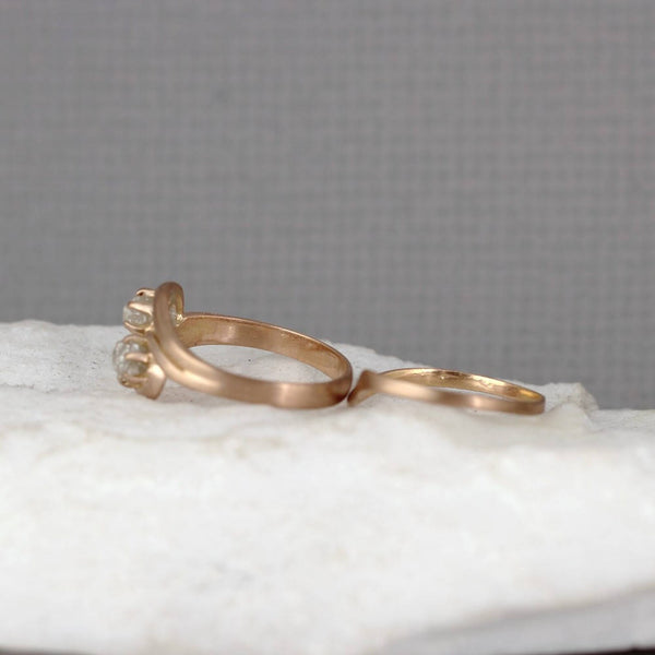 Rose Gold Two Stone Raw Diamond Engagement Ring & Wedding Band Set - 2 Uncut Rough Diamonds - Forever and Always Diamond Duo Rings 14K Gold