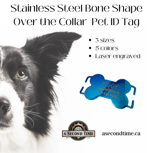 Stainless Steel Bone Shaped Over the Collar Pet ID Tag - 5 colors, laser engraved and personalized for you