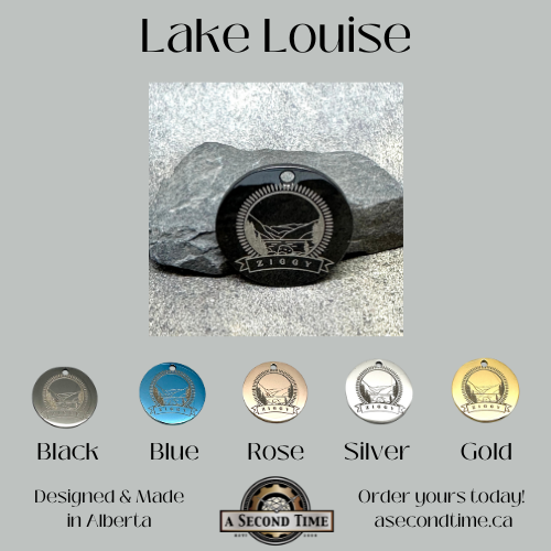 Stainless Steel Pet ID Tag - Featuring Iconic Alberta Mountain Images - 5 colors, laser engraved and personalized for you