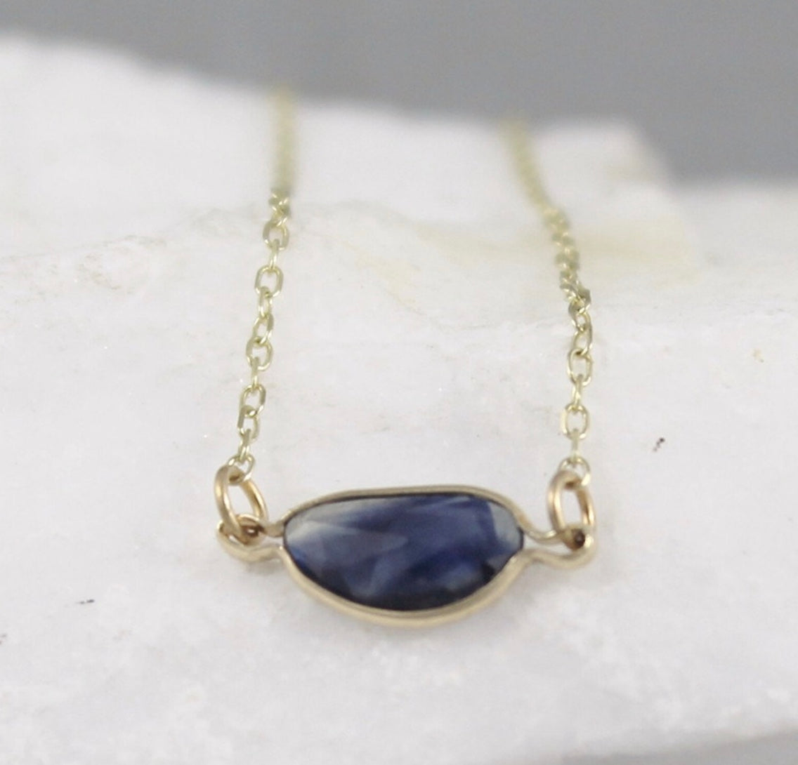 Blue Sapphire Necklace - Sapphire - Rose Cut Gemstone - 14K Yellow Gold Modern Necklace