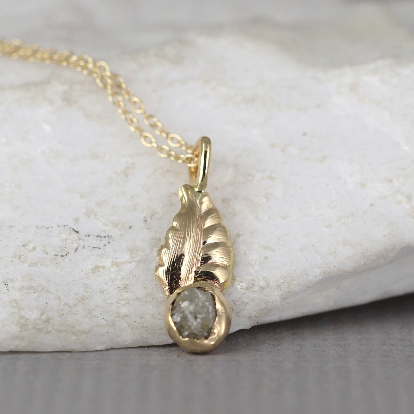 Leaf Design Raw Diamond Necklace - 14K Yellow Gold - Rough Diamond Pendant - Uncut, Conflict Free Diamond - April Birthstone