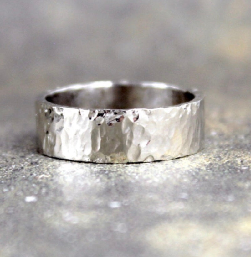 Hammered 6mm 14K White Gold Wedding Band – Men’s or Ladies Wedding Rings