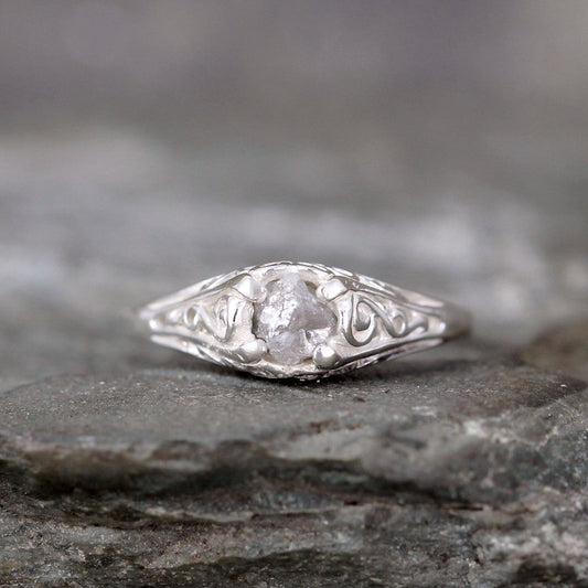 Rough Diamond Filigree Design Engagement Ring - Antique Style