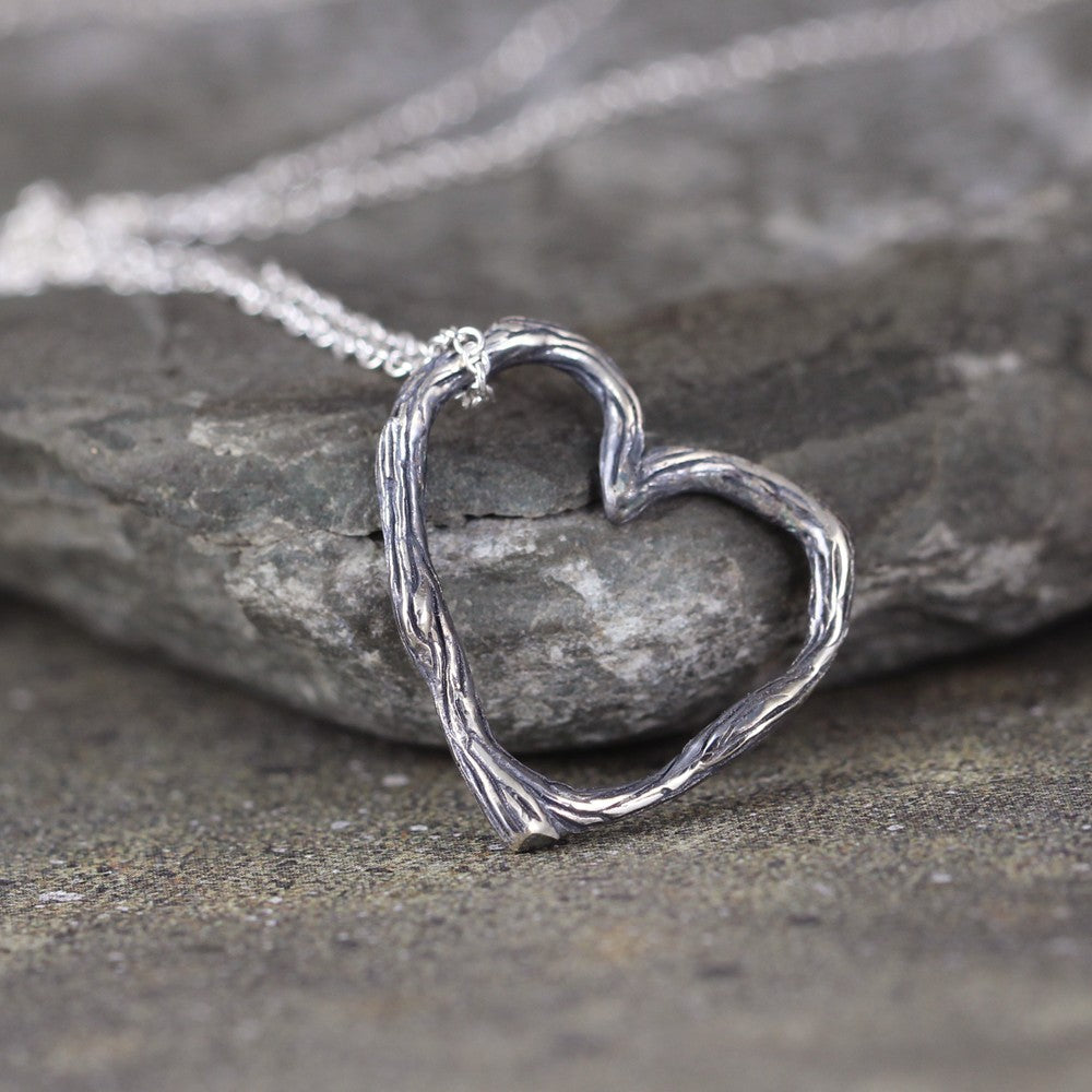 Twig Heart Pendant - Floating Heart Necklace - Sterling Silver