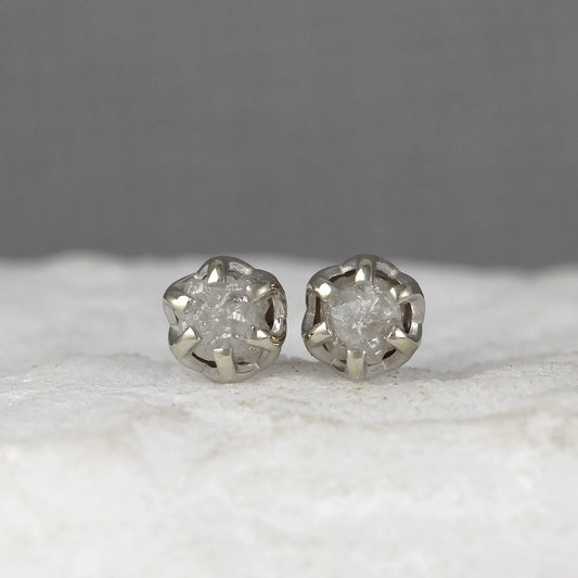 White Gold Raw Diamond Earrings - 2 Carat Total Weight - 14K White Gold Basket Weave Stud Earring