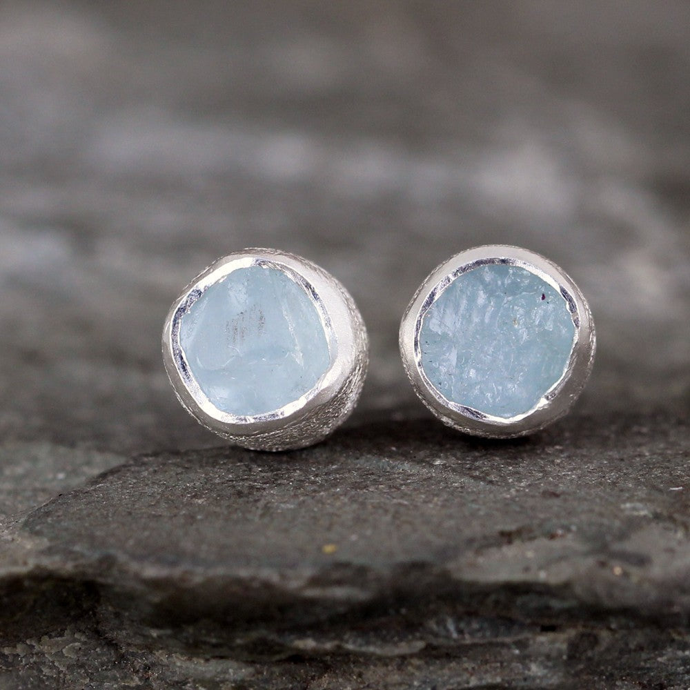 Raw Aquamarine Earrings - Rough Uncut Blue Gemstone Earring