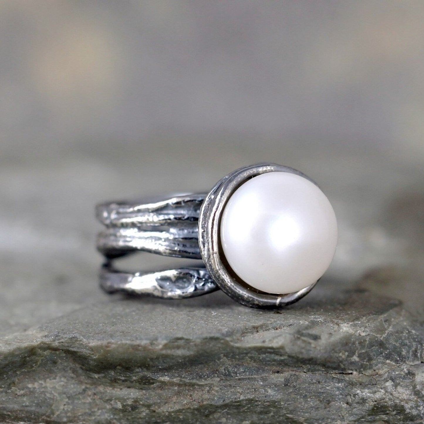 Fresh Water Pearl Ring - Sterling Silver - Textured Twig Band - June Birthstone Rings