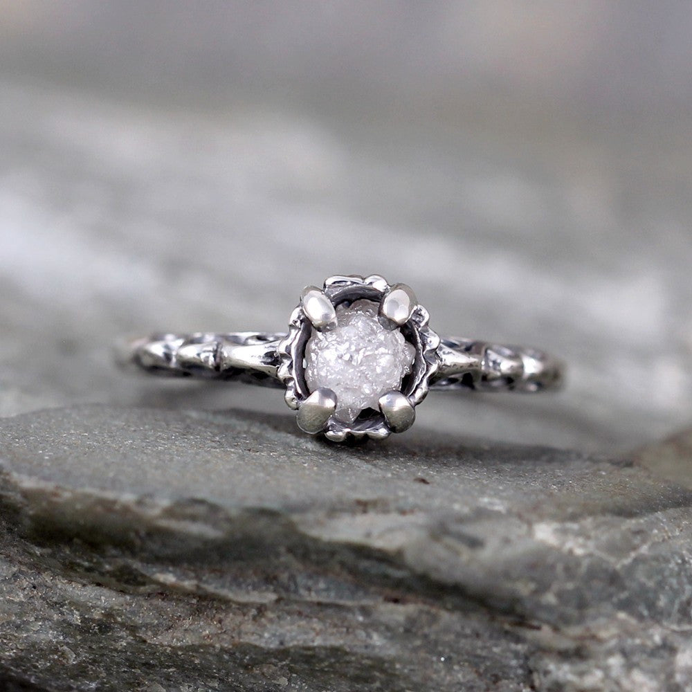 Antique Patina Filigree Style Rough Diamond Engagement Ring