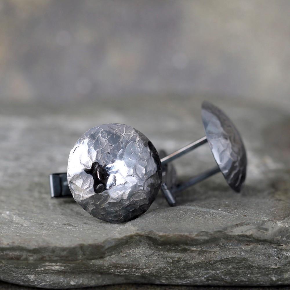 Rustic Round Cufflinks - Sterling Silver - Hammered Texture - Oxidized Finish