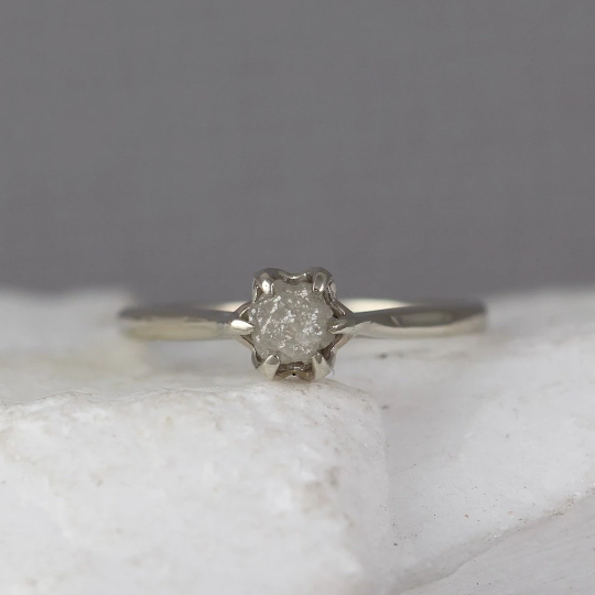 14K White Gold Rough Diamond Ring - Six Claw Classic Setting - Alternative Unique Engagement Ring